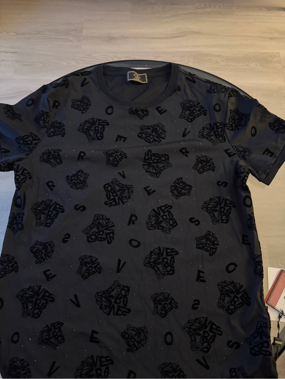 Versace Black Velvet Medusa Motif Short Sleeve Tee